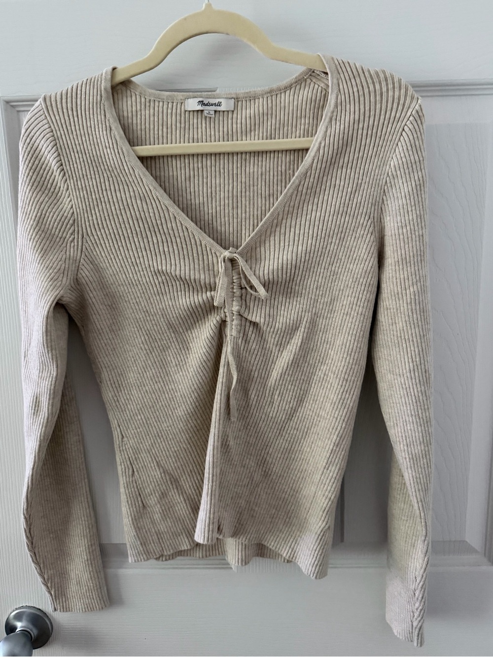 Madewell Beige Ribbed V-Neck Tie-Front Sweater